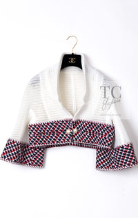 CHANEL 13S White Red Navy Quilted Trim Cropped Mesh Jacket 34 36 シャネル ホワイト レッド ネイビー トリム クロップド メッシュ ジャケット 即発