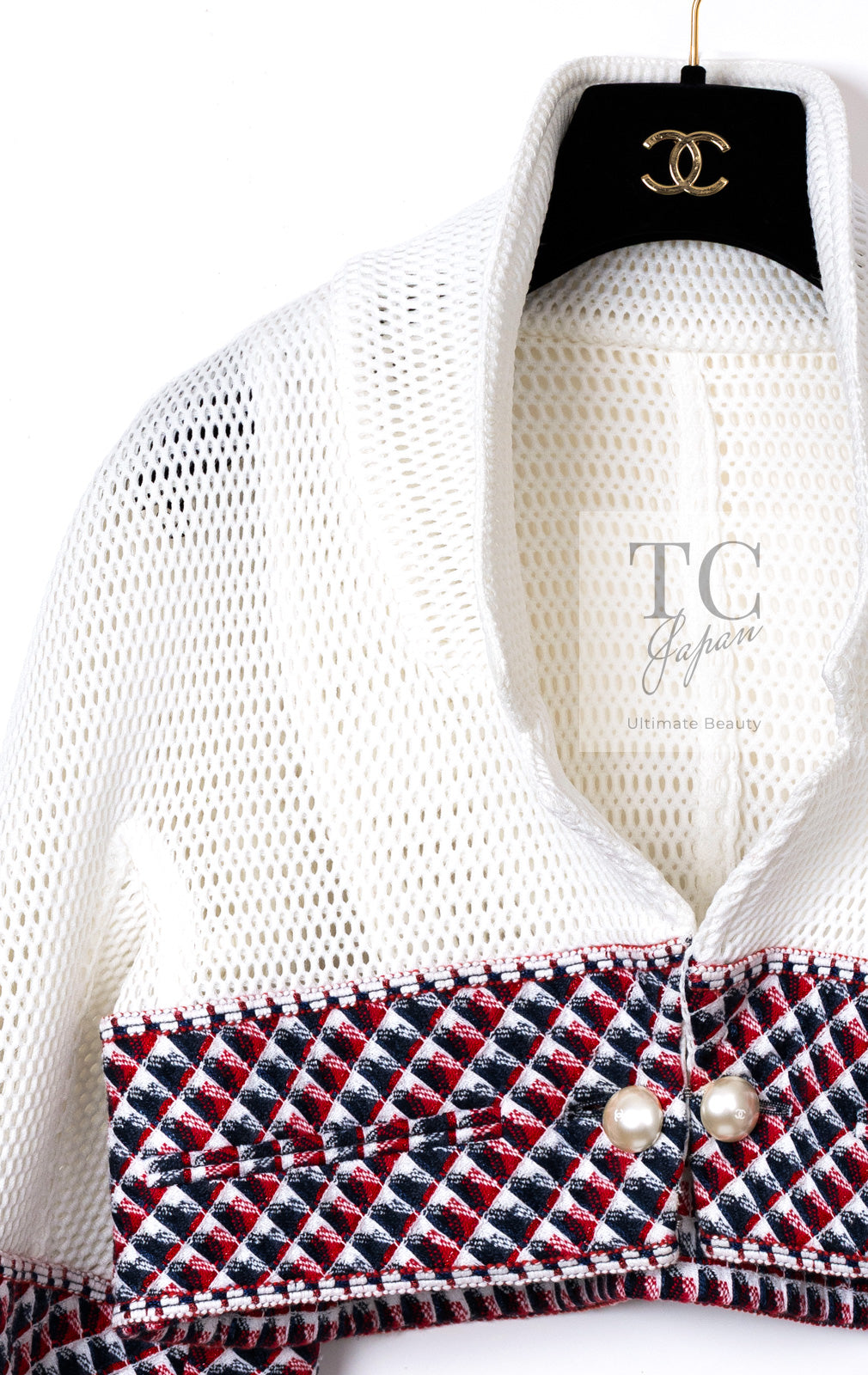 CHANEL 13S White Red Navy Quilted Trim Cropped Mesh Jacket 34 36 シャネル ホワイト レッド ネイビー トリム クロップド メッシュ ジャケット 即発