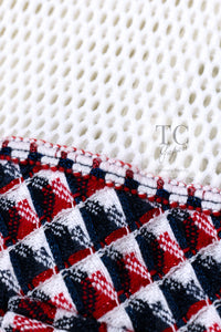 CHANEL 13S White Red Navy Quilted Trim Cropped Mesh Jacket 34 36 シャネル ホワイト レッド ネイビー トリム クロップド メッシュ ジャケット 即発