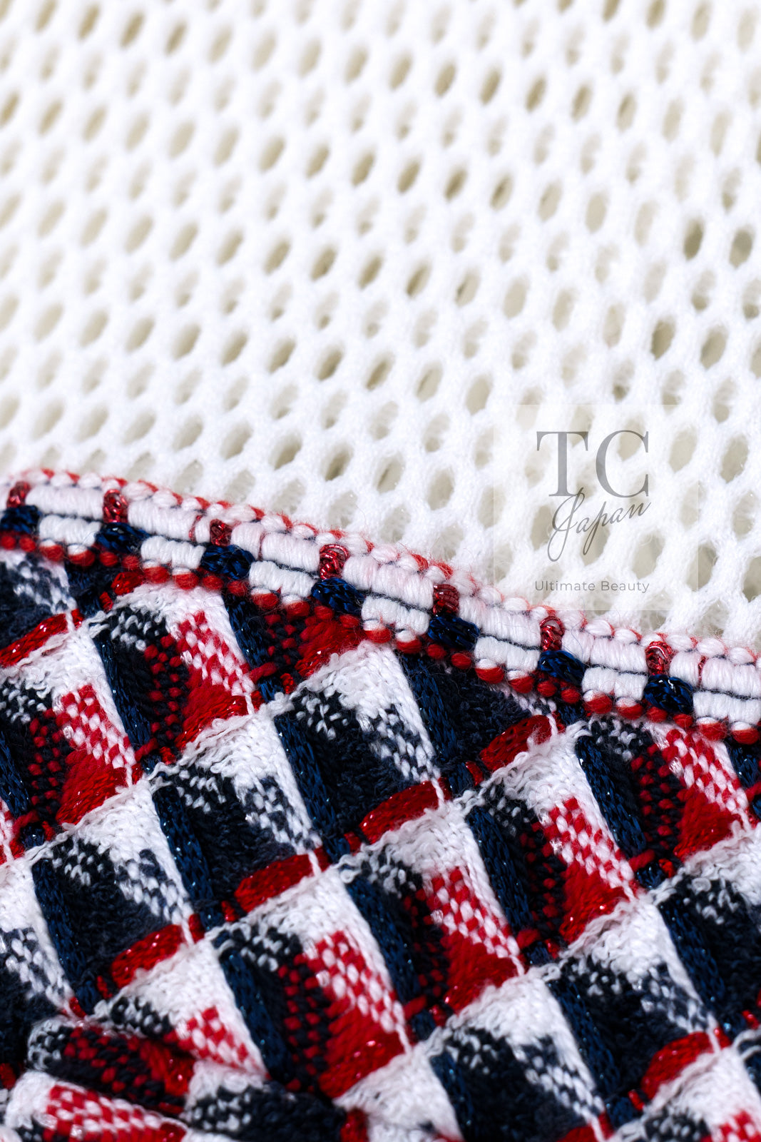 CHANEL 13S White Red Navy Quilted Trim Cropped Mesh Jacket 34 36 シャネル ホワイト レッド ネイビー トリム クロップド メッシュ ジャケット 即発