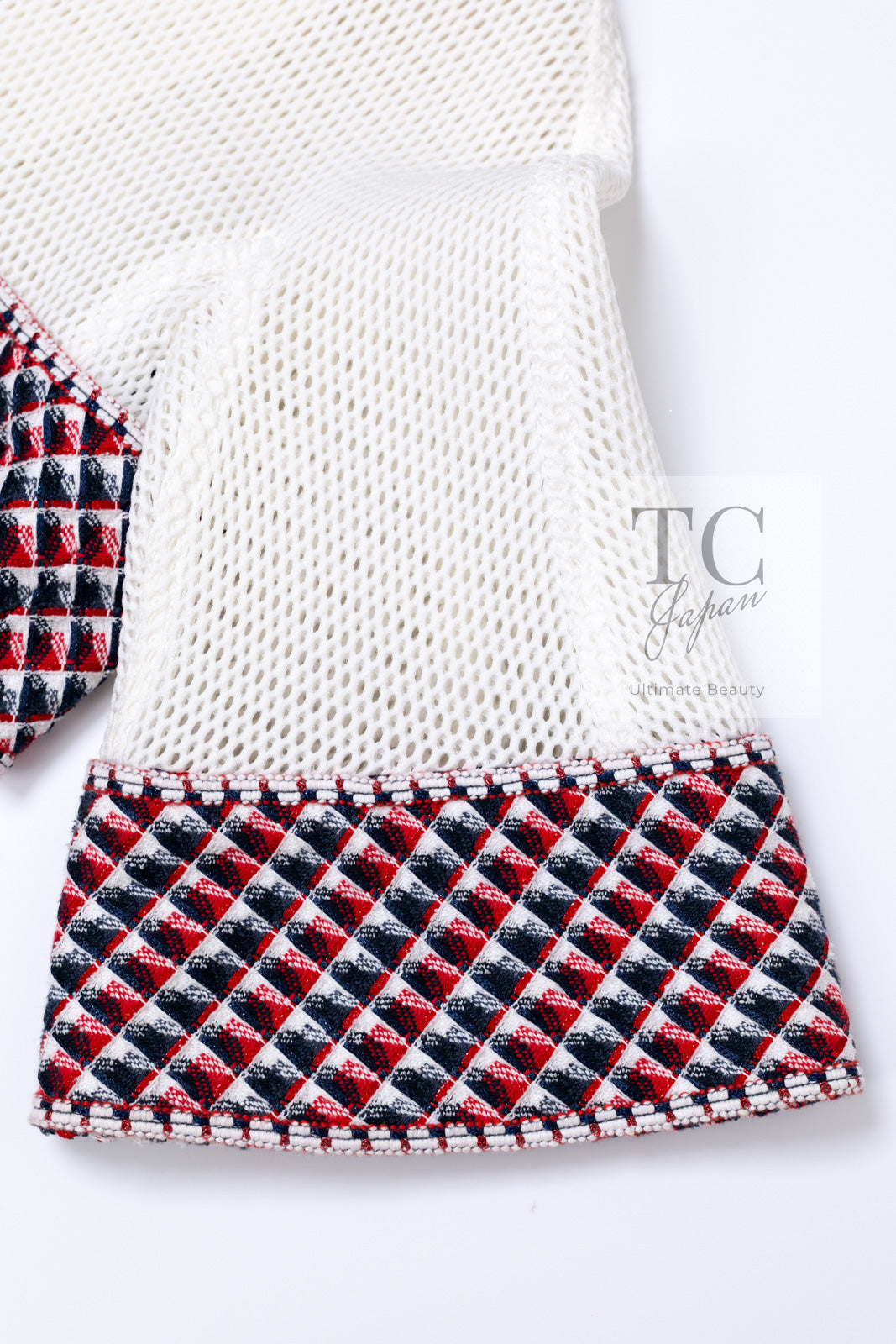 CHANEL 13S White Red Navy Quilted Trim Cropped Mesh Jacket 34 36 シャネル ホワイト レッド ネイビー トリム クロップド メッシュ ジャケット 即発
