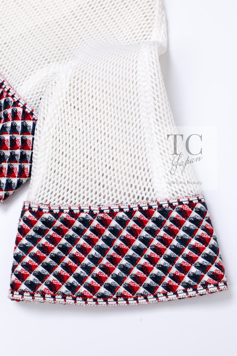 CHANEL 13S White Red Navy Quilted Trim Cropped Mesh Jacket 34 36 シャネル ホワイト レッド ネイビー トリム クロップド メッシュ ジャケット 即発