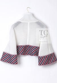 CHANEL 13S White Red Navy Quilted Trim Cropped Mesh Jacket 34 36 シャネル ホワイト レッド ネイビー トリム クロップド メッシュ ジャケット 即発