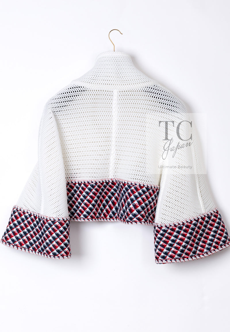 CHANEL 13S White Red Navy Quilted Trim Cropped Mesh Jacket 34 36 シャネル ホワイト レッド ネイビー トリム クロップド メッシュ ジャケット 即発