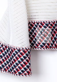 CHANEL 13S White Red Navy Quilted Trim Cropped Mesh Jacket 34 36 シャネル ホワイト レッド ネイビー トリム クロップド メッシュ ジャケット 即発