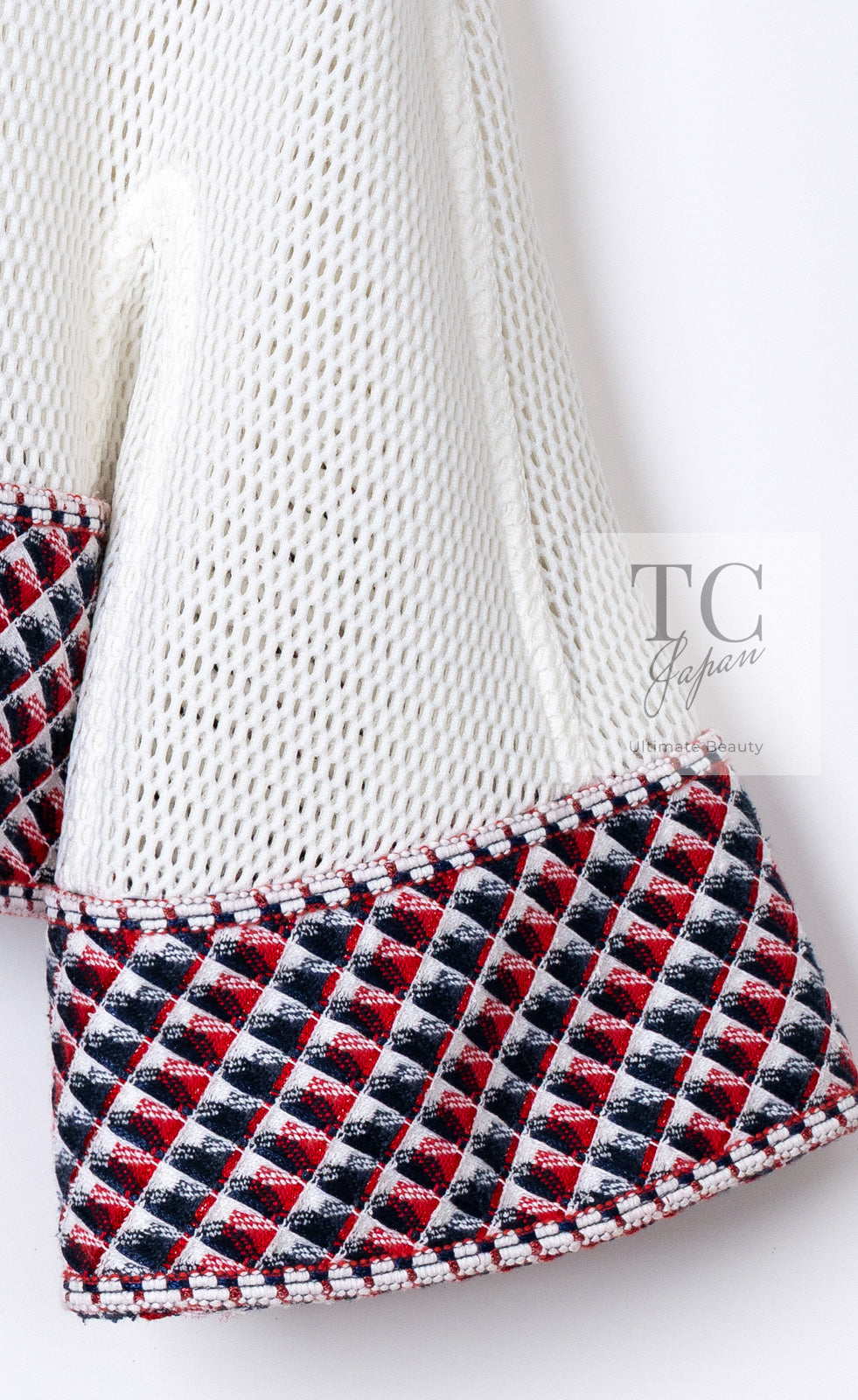 CHANEL 13S White Red Navy Quilted Trim Cropped Mesh Jacket 34 36 シャネル ホワイト レッド ネイビー トリム クロップド メッシュ ジャケット 即発