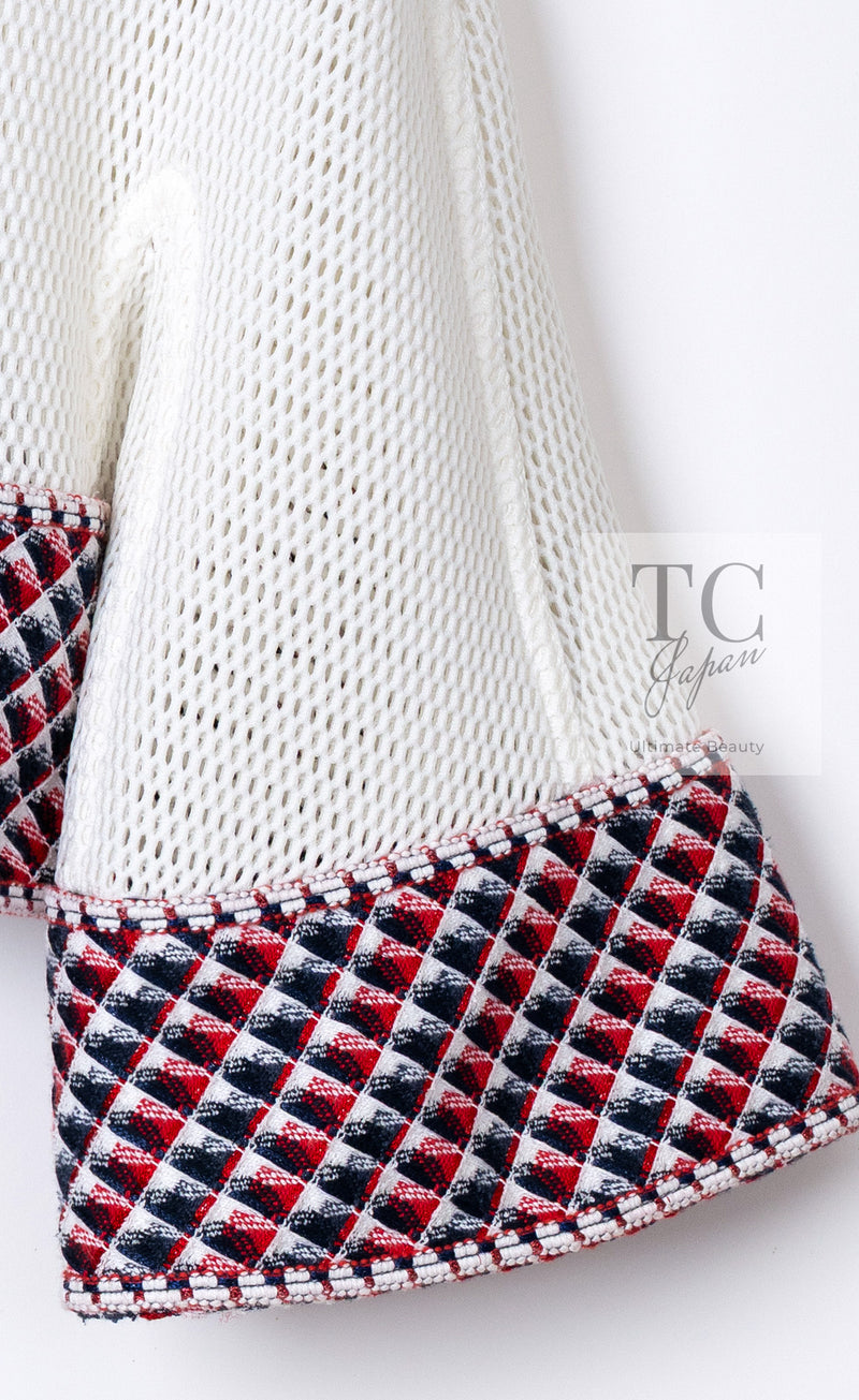 CHANEL 13S White Red Navy Quilted Trim Cropped Mesh Jacket 34 36 シャネル ホワイト レッド ネイビー トリム クロップド メッシュ ジャケット 即発