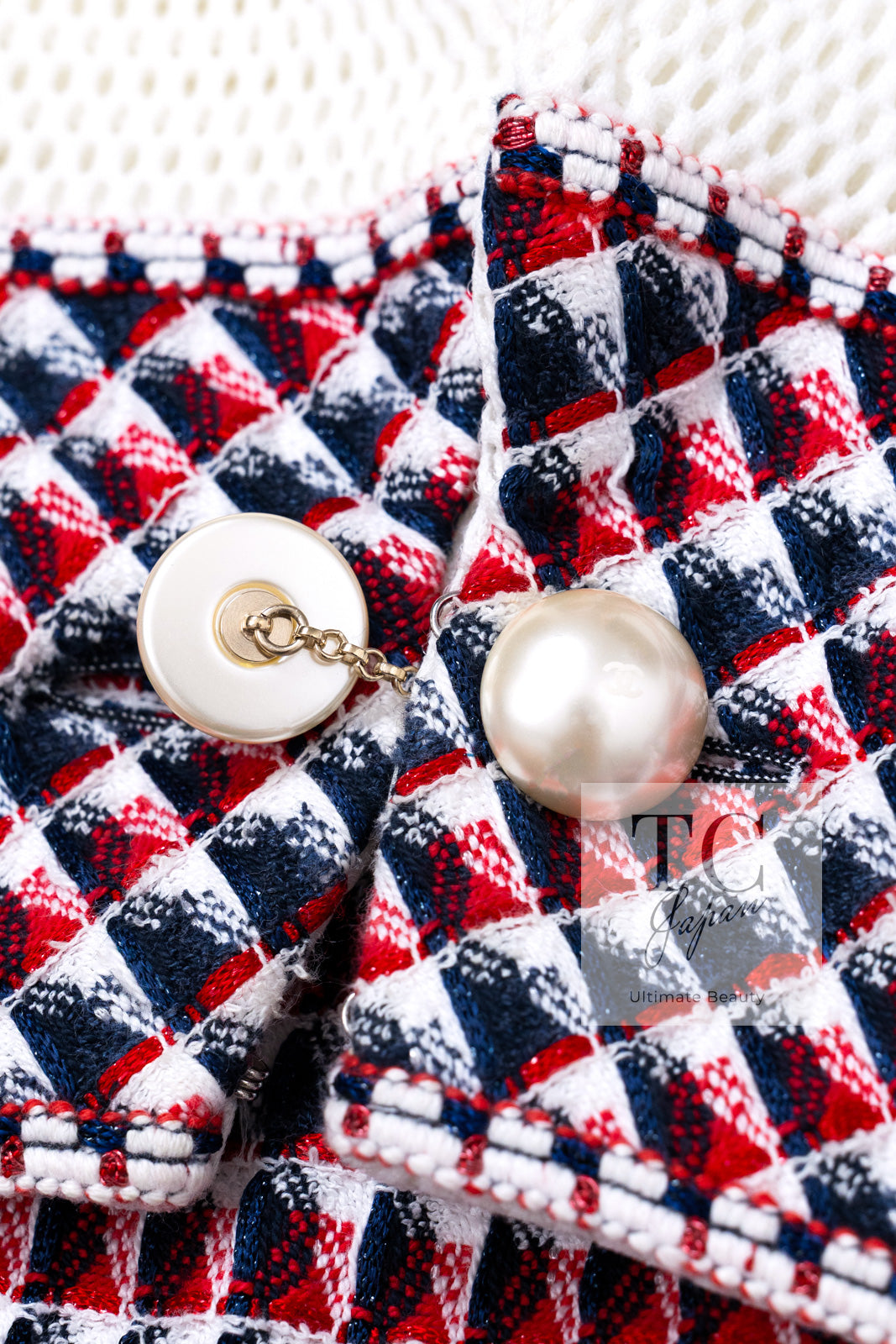 CHANEL 13S White Red Navy Quilted Trim Cropped Mesh Jacket 34 36 シャネル ホワイト レッド ネイビー トリム クロップド メッシュ ジャケット 即発