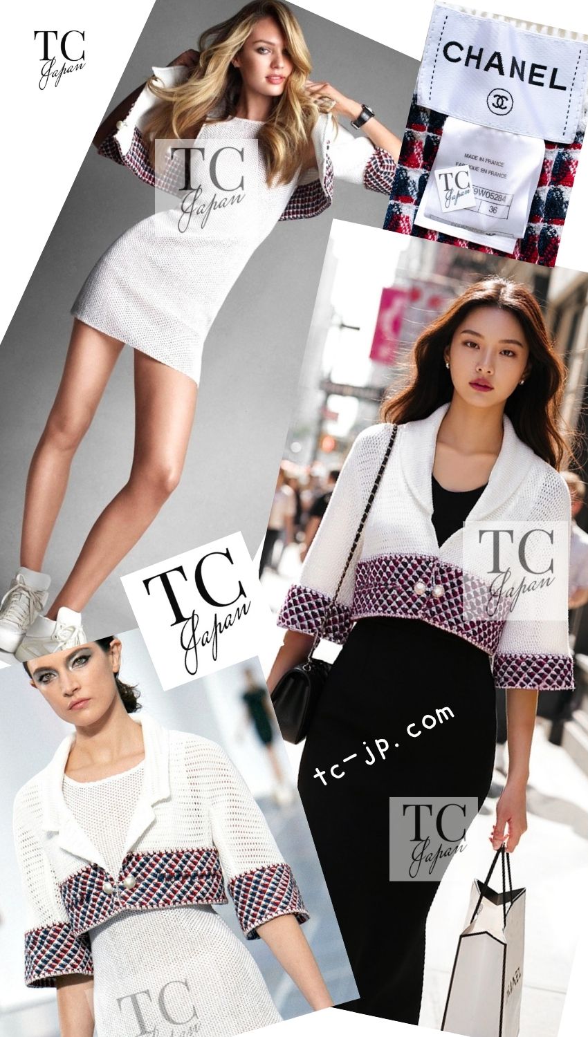 シャネル ジャケット CHANEL 13S ホワイト レッド ネイビー トリム メッシュ クロップド 36 - TC JAPAN