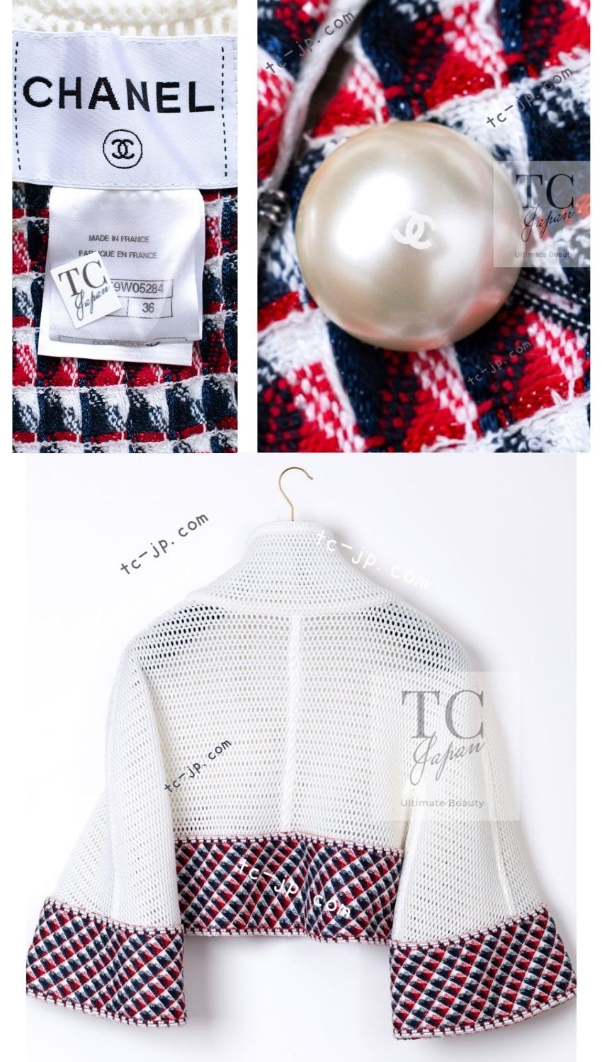 シャネル ジャケット CHANEL 13S ホワイト レッド ネイビー トリム メッシュ クロップド 36 - TC JAPAN