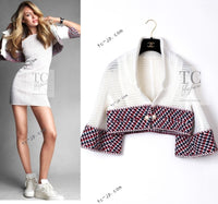 CHANEL 13S White Red Navy Quilted Trim Cropped Mesh Jacket 34 36 シャネル ホワイト レッド ネイビー トリム クロップド メッシュ ジャケット 即発