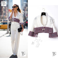 CHANEL 13S White Red Navy Quilted Trim Cropped Mesh Jacket 34 36 シャネル ホワイト レッド ネイビー トリム クロップド メッシュ ジャケット 即発
