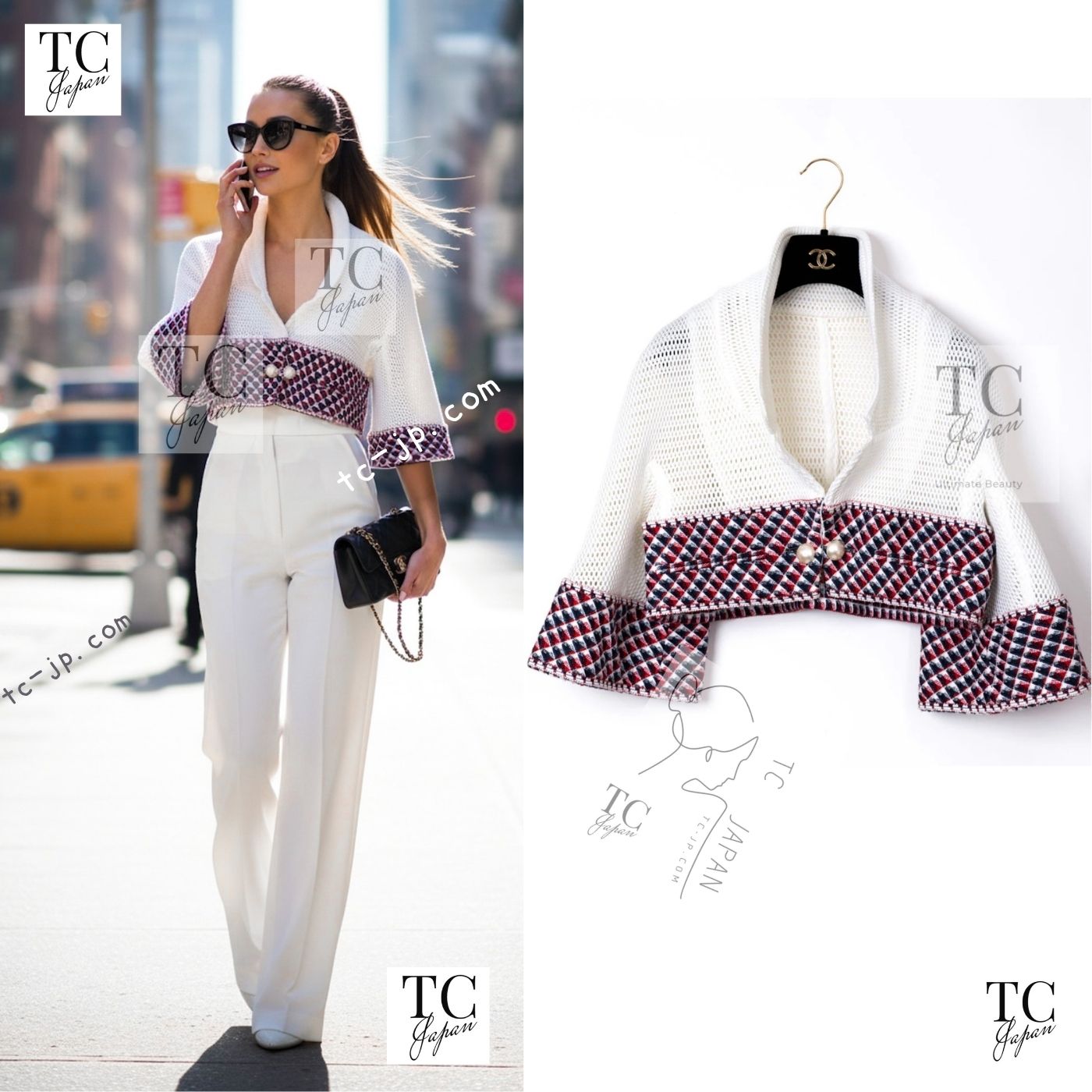 CHANEL 13S White Red Navy Quilted Trim Cropped Mesh Jacket 34 36 シャネル ホワイト レッド ネイビー トリム クロップド メッシュ ジャケット 即発