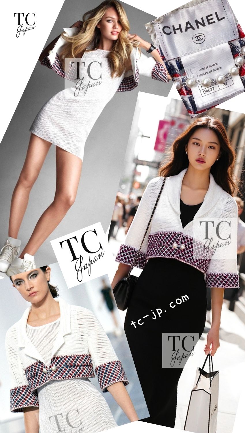 CHANEL 13S White Red Navy Quilted Trim Cropped Mesh Jacket 34 36 シャネル ホワイト レッド ネイビー トリム クロップド メッシュ ジャケット 即発