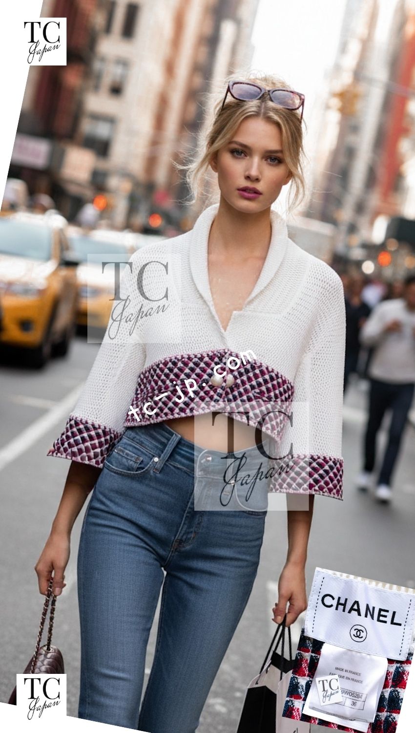 シャネル ジャケット CHANEL 13S ホワイト レッド ネイビー トリム メッシュ クロップド 36 - TC JAPAN