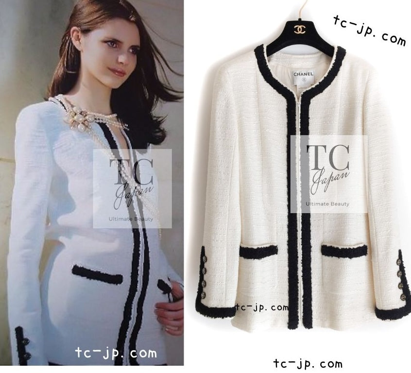 シャネル アイボリー ブラック トリム ウール ツイード ジッパー