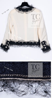 CHANEL 10C Ginza Limited Ivory Black Tulle Trimming Wool Silk Jacket 34 シャネル 銀座限定 アイボリー ブラック チュール レース トリミング ジャケット 即発