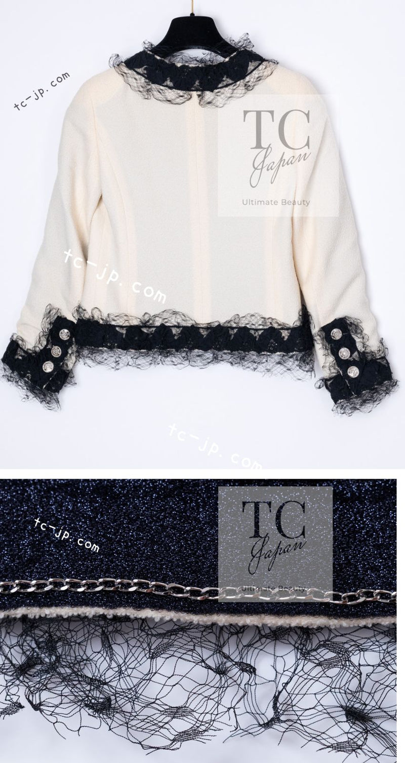 CHANEL 10C Ginza Limited Ivory Black Tulle Trimming Wool Silk Jacket 34 シャネル 銀座限定 アイボリー ブラック チュール レース トリミング ジャケット 即発