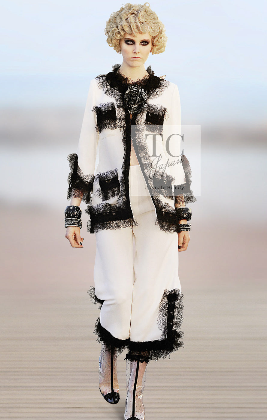 CHANEL 10C Ginza Limited Ivory Black Tulle Trimming Wool Silk Jacket 34 シャネル 銀座限定 アイボリー ブラック チュール レース トリミング ジャケット 即発