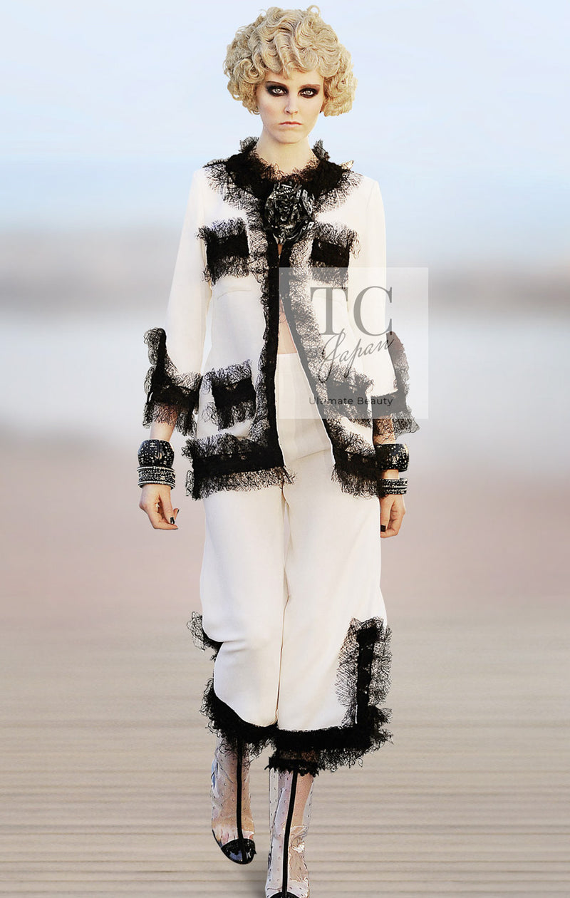 CHANEL 10C Ginza Limited Ivory Black Tulle Trimming Wool Silk Jacket 34 シャネル 銀座限定 アイボリー ブラック チュール レース トリミング ジャケット 即発