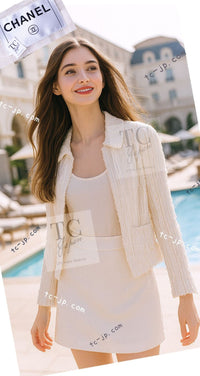 CHANEL 07C Ivory Creme Cotton Silk Cardigan Jacket 34 36 シャネル アイボリー クリーム コットン シルク カーディガン ジャケット 即発