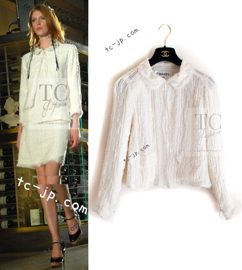 CHANEL 07C Ivory Creme Cotton Silk Cardigan Jacket 34 シャネル アイボリー クリーム コットン シルク カーディガン ジャケット 即発