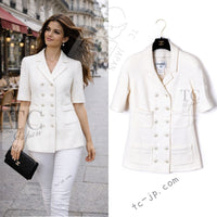 CHANEL 14C Ivory White CC Logo Buttons Short Sleeve Double Jacket 40 シャネル アイボリー ホワイト ココボタン 半袖 ダブル ジャケット 即発