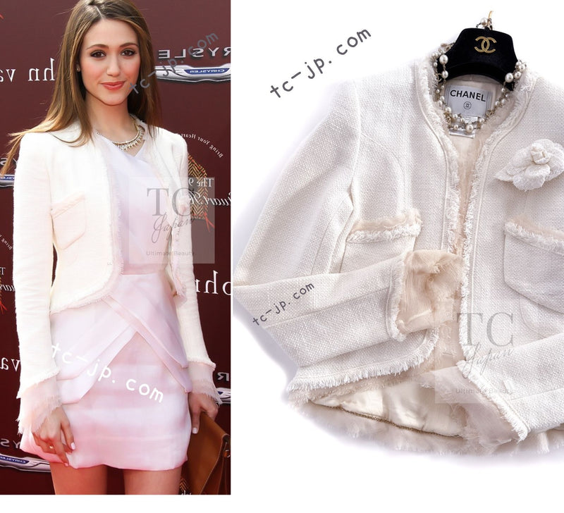 CHANEL 04C Ivory Cotton Frill Tweed Jacket 36 シャネル アイボリー コットン フリル ツイード ジャケット 即発