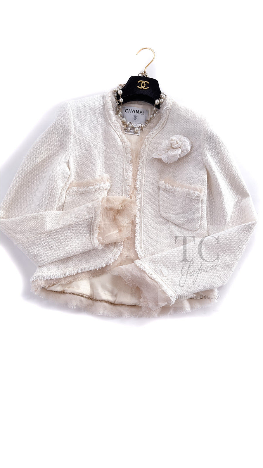 CHANEL 04C Ivory Cotton Frill Tweed Jacket 36 シャネル アイボリー コットン フリル ツイード ジャケット 即発