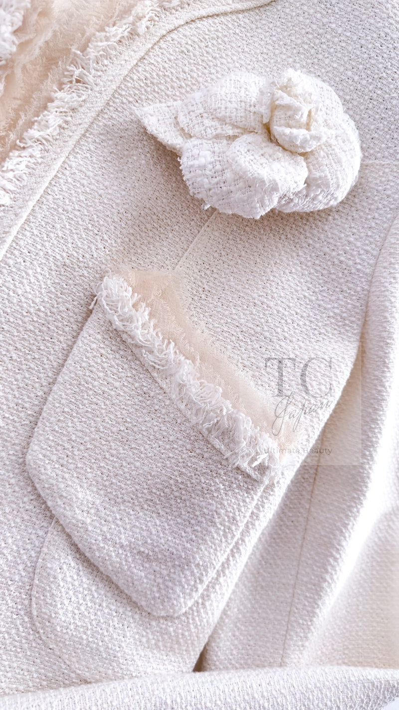 CHANEL 04C Ivory Cotton Frill Tweed Jacket 36 シャネル アイボリー コットン フリル ツイード ジャケット 即発