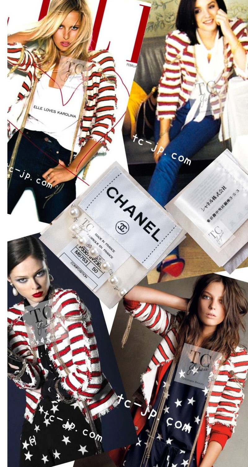 CHANEL 08S White Red Silk Cotton Stripe Border Jacket 50 シャネル ホワイト レッド シルク コットン ストライプ ボーダー ジャケット 即発