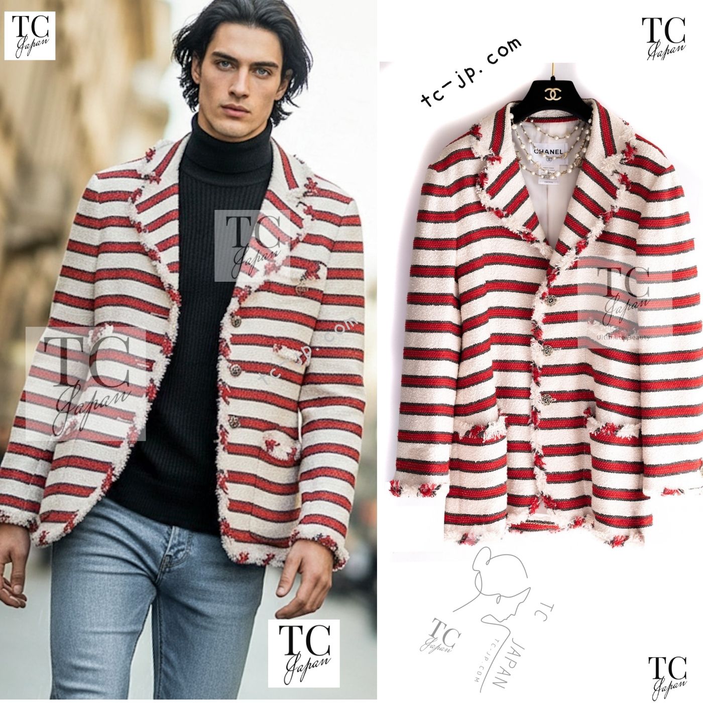 CHANEL 08S White Red Silk Cotton Stripe Border Jacket 50 シャネル ホワイト レッド シルク コットン ストライプ ボーダー ジャケット 即発