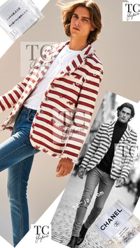 CHANEL 08S White Red Silk Cotton Stripe Border Jacket 50 シャネル ホワイト レッド シルク コットン ストライプ ボーダー ジャケット 即発