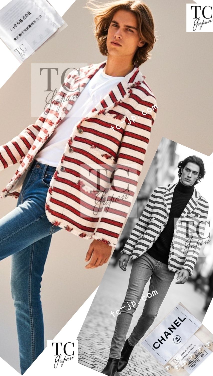 CHANEL 08S White Red Silk Cotton Stripe Border Jacket 50 シャネル ホワイト レッド シルク コットン ストライプ ボーダー ジャケット 即発