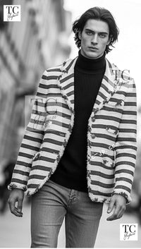 CHANEL 08S White Red Silk Cotton Stripe Border Jacket 50 シャネル ホワイト レッド シルク コットン ストライプ ボーダー ジャケット 即発