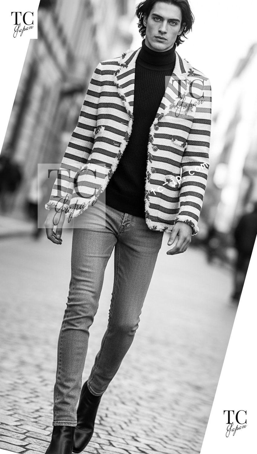 CHANEL 08S White Red Silk Cotton Stripe Border Jacket 50 シャネル ホワイト レッド シルク コットン ストライプ ボーダー ジャケット 即発 - TC JAPAN