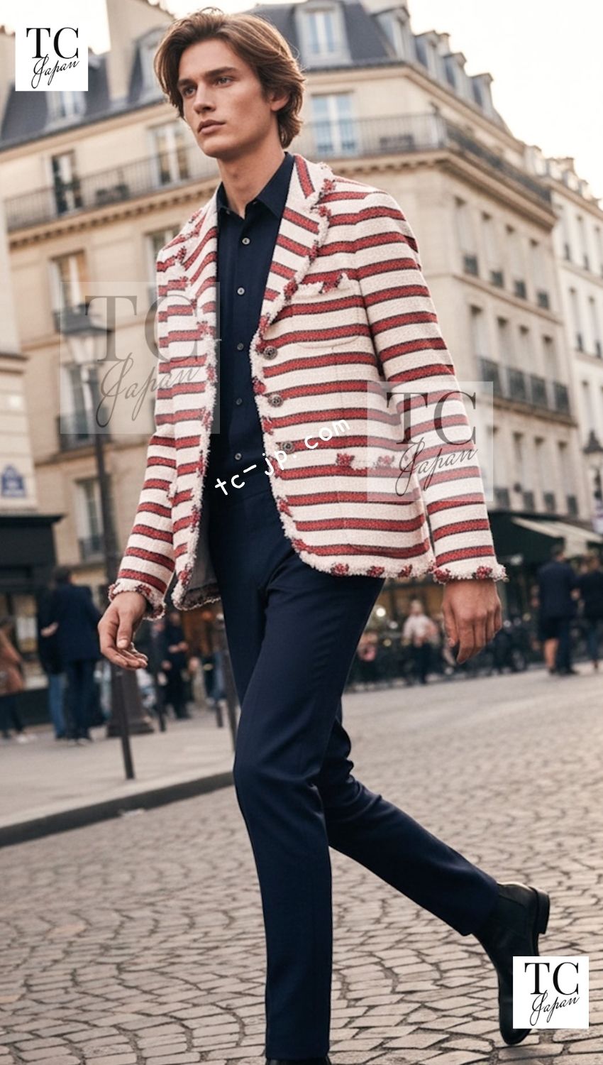 CHANEL 08S White Red Silk Cotton Stripe Border Jacket 50 シャネル ホワイト レッド シルク コットン ストライプ ボーダー ジャケット 即発