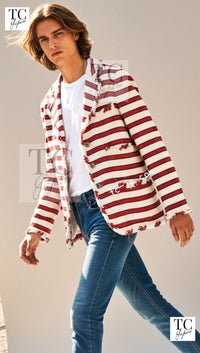 CHANEL 08S White Red Silk Cotton Stripe Border Jacket 50 シャネル ホワイト レッド シルク コットン ストライプ ボーダー ジャケット 即発