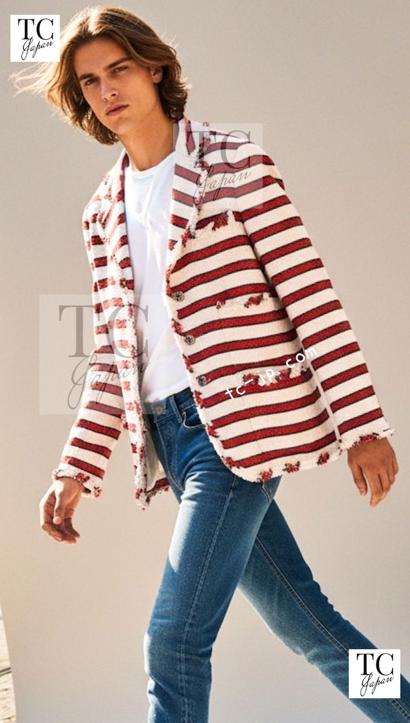 CHANEL 08S White Red Silk Cotton Stripe Border Jacket 50 シャネル ホワイト レッド シルク コットン ストライプ ボーダー ジャケット 即発