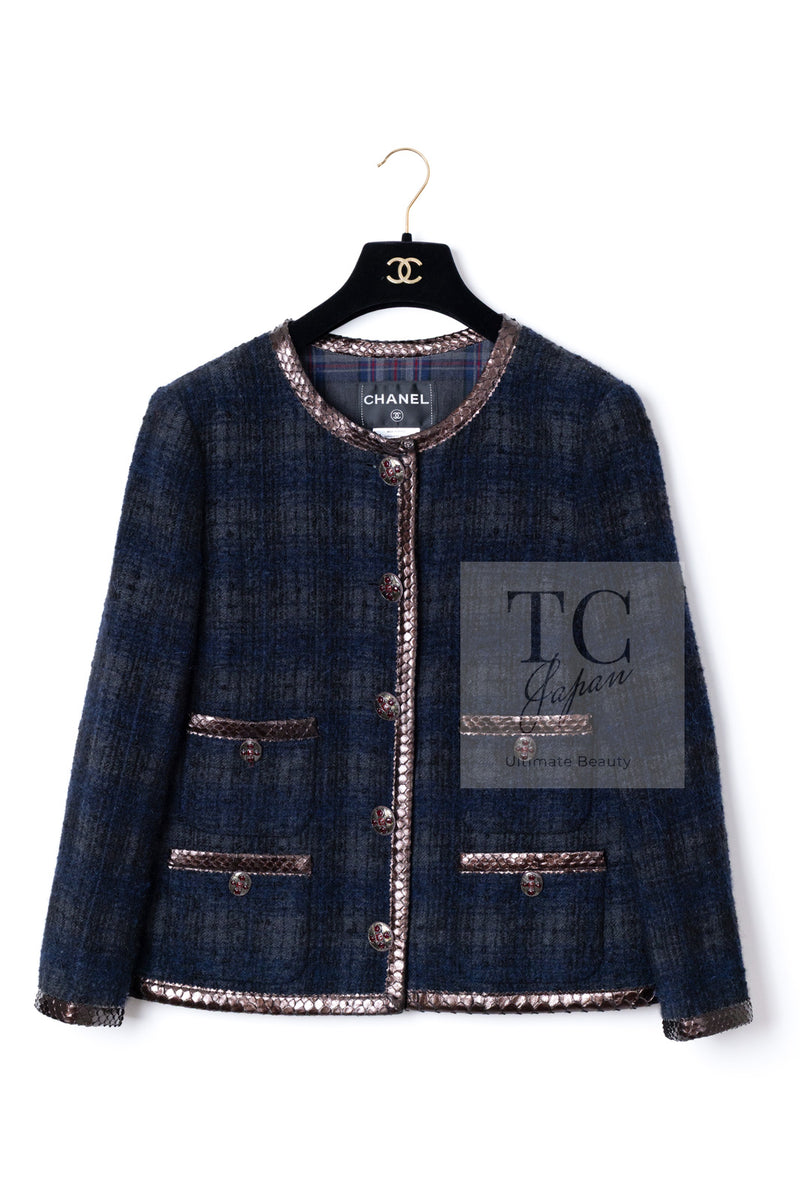 CHANEL 13PF Navy Gray Black Wool Alpaca Python Trim Jacket 38 シャネル ネイビー グレー ブラック ウール アルパカ パイソン トリミング ジャケット 即発