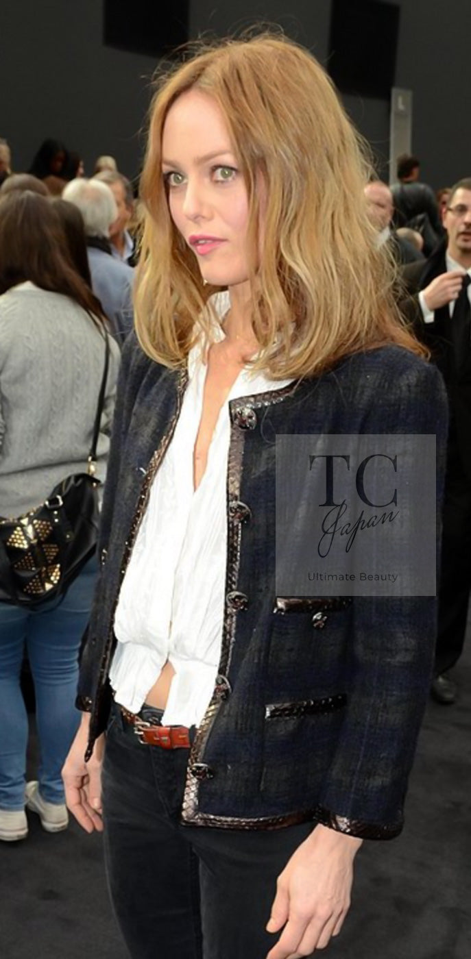 CHANEL 13PF Gray Black Brown Wool Python Trim Jacket 38 シャネル ネイビー グレー ブラック ブラウン ウール パイソン トリミング ジャケット 即発