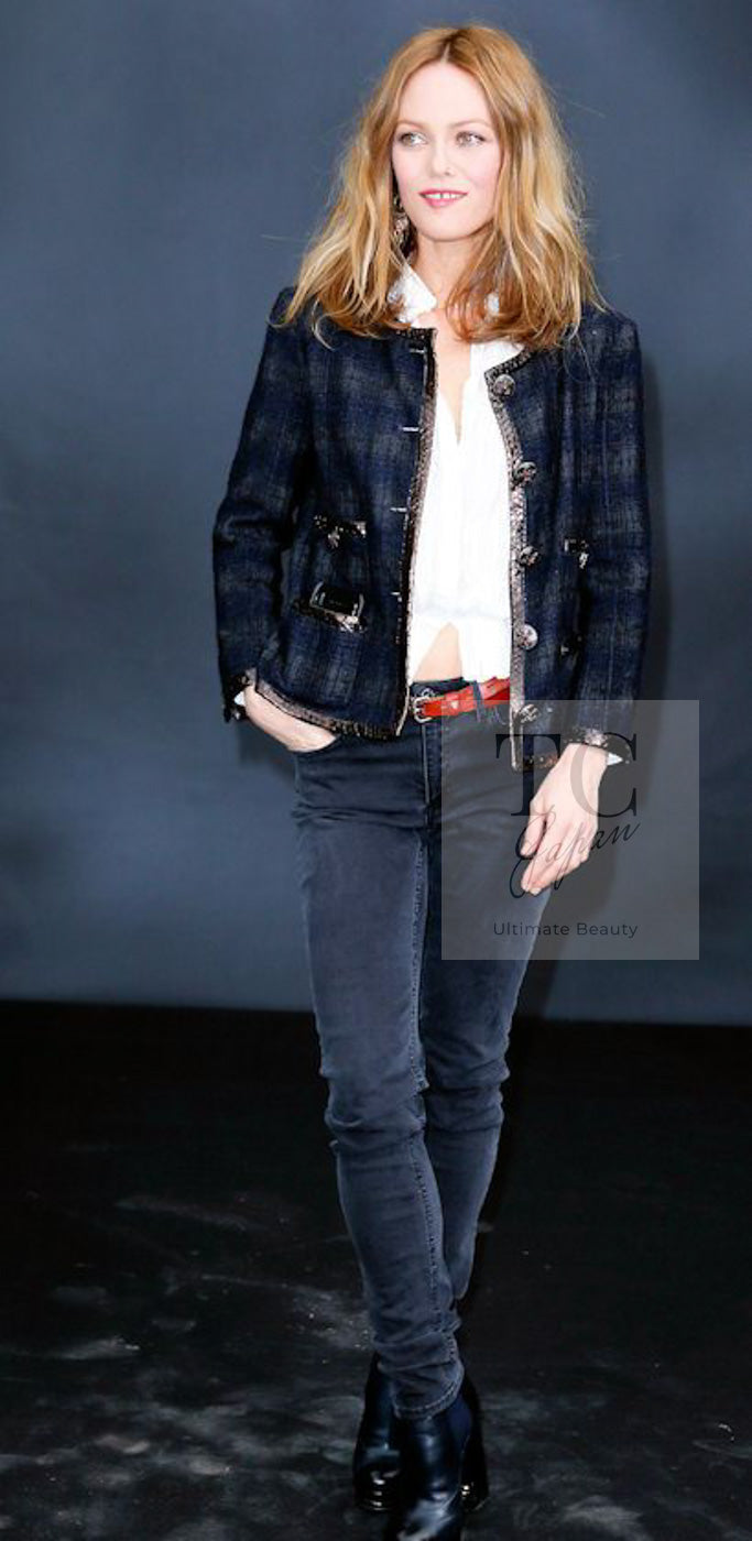 CHANEL 13PF Navy Gray Black Wool Alpaca Python Trim Jacket 38 シャネル ネイビー グレー ブラック ウール アルパカ パイソン トリミング ジャケット 即発