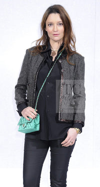 CHANEL 13PF Gray Black Brown Wool Python Trim Jacket 38 シャネル ネイビー グレー ブラック ブラウン ウール パイソン トリミング ジャケット 即発