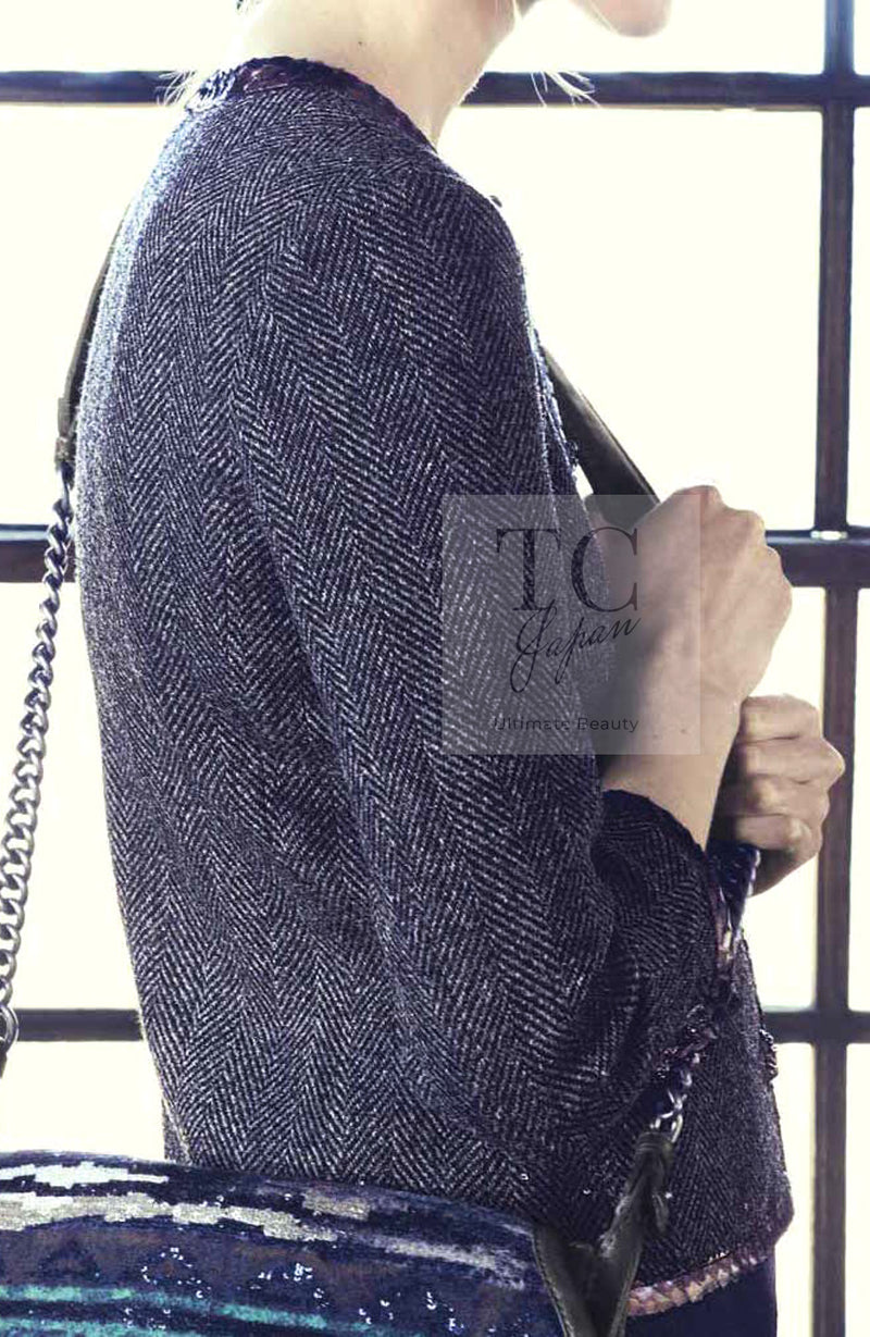 CHANEL 13PF Gray Black Brown Wool Python Trim Jacket 38 シャネル ネイビー グレー ブラック ブラウン ウール パイソン トリミング ジャケット 即発