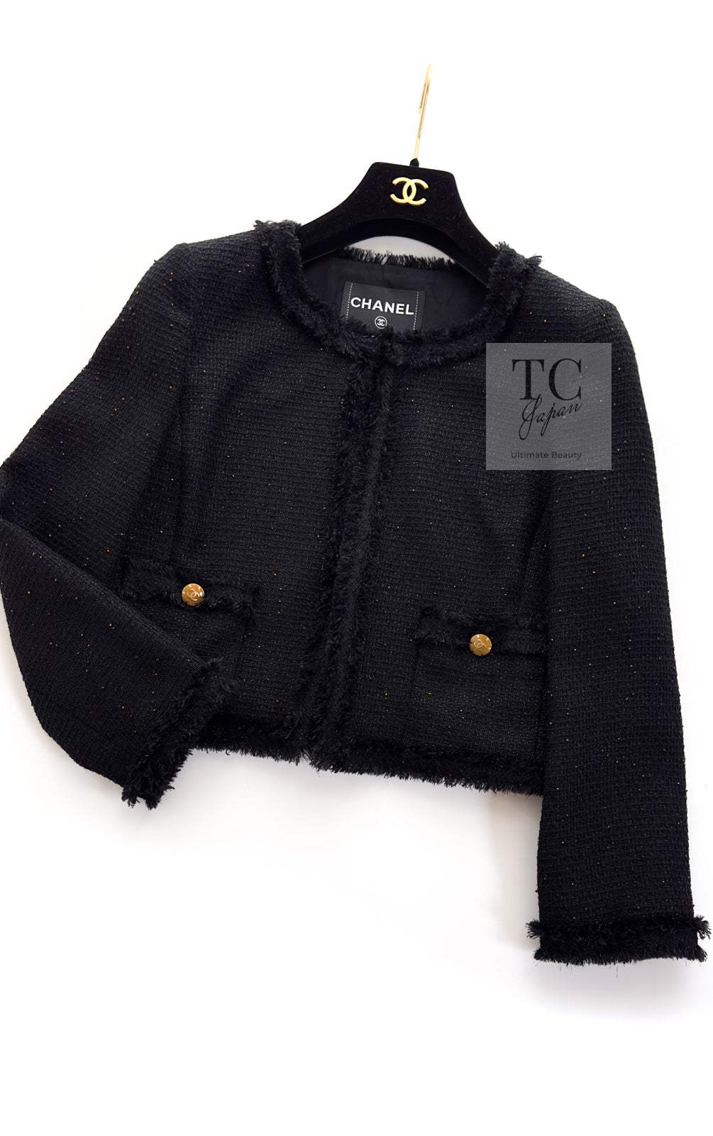 CHANEL 11C Black Amber Beads Wool Cropped Jacket 40 シャネル ブラック アンバー ビーズ ウール クロップ ジャケット 即発