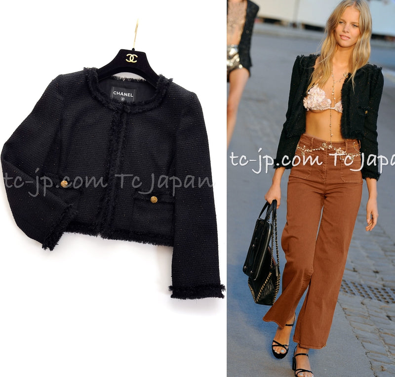 CHANEL 11C Black Amber Beads Wool Cropped Jacket 36 シャネル ブラック アンバー ビーズ ウール クロップ ジャケット 即発