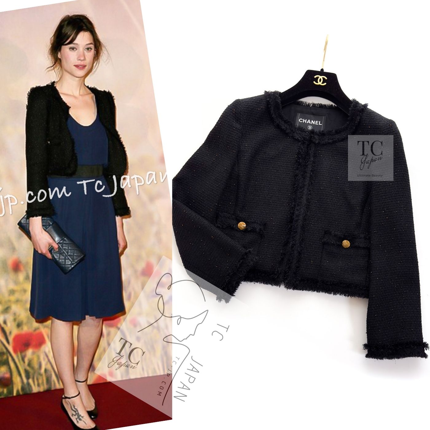 リア.シャネル.CHANEL.黒色ジャケット40 シャネル ジャケット CHANEL ブラック アンバー ビーズ ウール