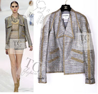 CHANEL 11S Silver Gray Yellow Rhinestone Trim Jacket 40 シャネル シルバー グレー イエロー 豪華 ラインストーン トリム ジャケット 即発
