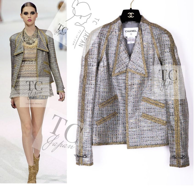 CHANEL 11S Silver Gray Yellow Rhinestone Trim Jacket 40 シャネル シルバー グレー イエロー 豪華 ラインストーン トリム ジャケット 即発