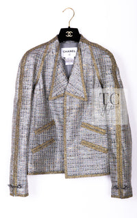 CHANEL 11S Silver Gray Yellow Rhinestone Trim Jacket 40 シャネル シルバー グレー イエロー 豪華 ラインストーン トリム ジャケット 即発